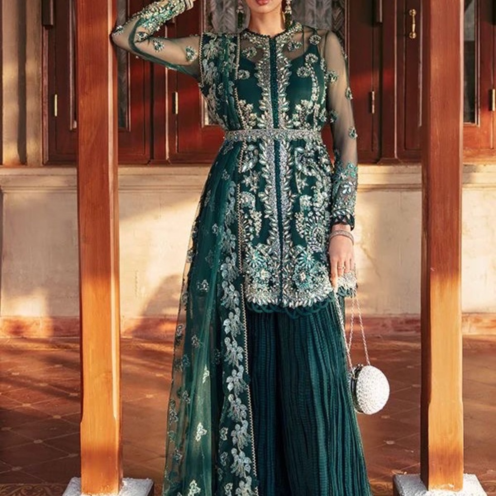 Embroidered Forest Green Long Sleeve Evening Dress